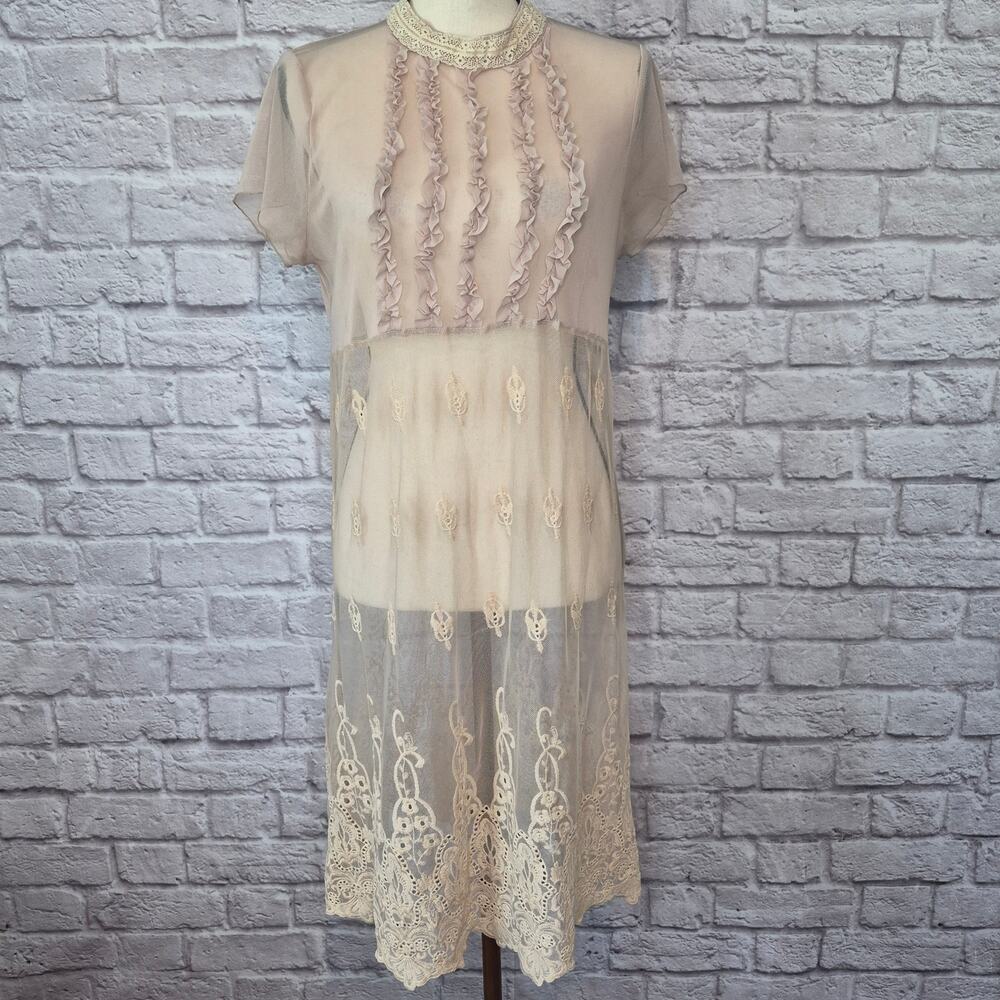 Rinascimento Beige Sheer Mesh Lace Embroidered Ruffle Mock Neck Midi Dress - Picture 3 of 10